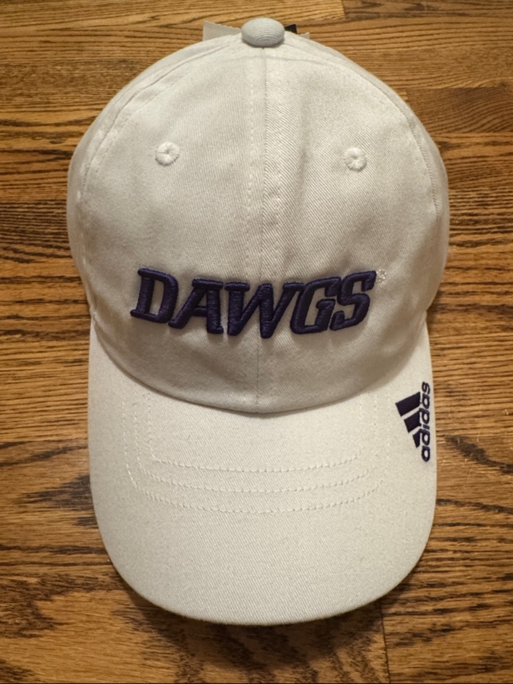 Gender Neutral White Adidas Baseball Cap with Purple DAWGS Embroidery